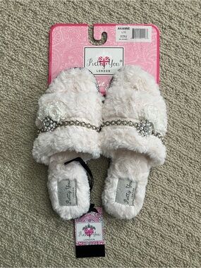 Pretty You London Ecru Faux-Fur Slide Slippers with Jewel & Floral Trim